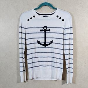 09106 Nautica cream and navy striped anchor print L/S sweater XS